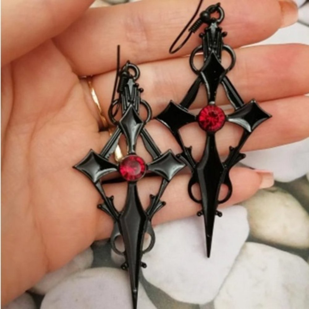 DESIGNER Goth Vampire Black Enamel Cross/Red Crystal Statement Drop Earrings